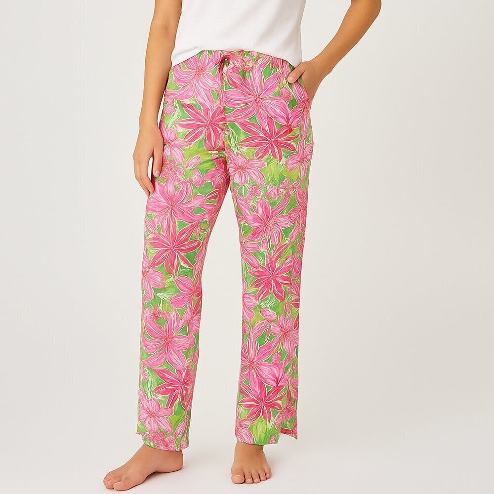 Lilly Pulitzer Pajama Pants Small Pink Green Floral 100% Cotton Lounge Sleepwear